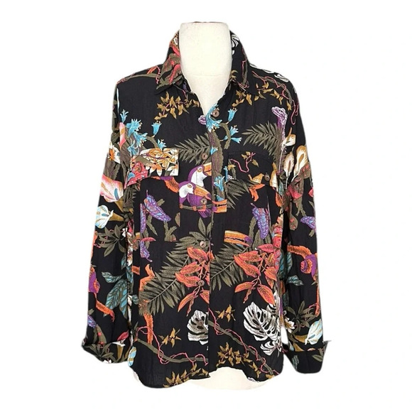PEPALOVES Bohemian Tropical Button Up Shirt Black Whimsical Butterflies Large - Picture 1 of 16